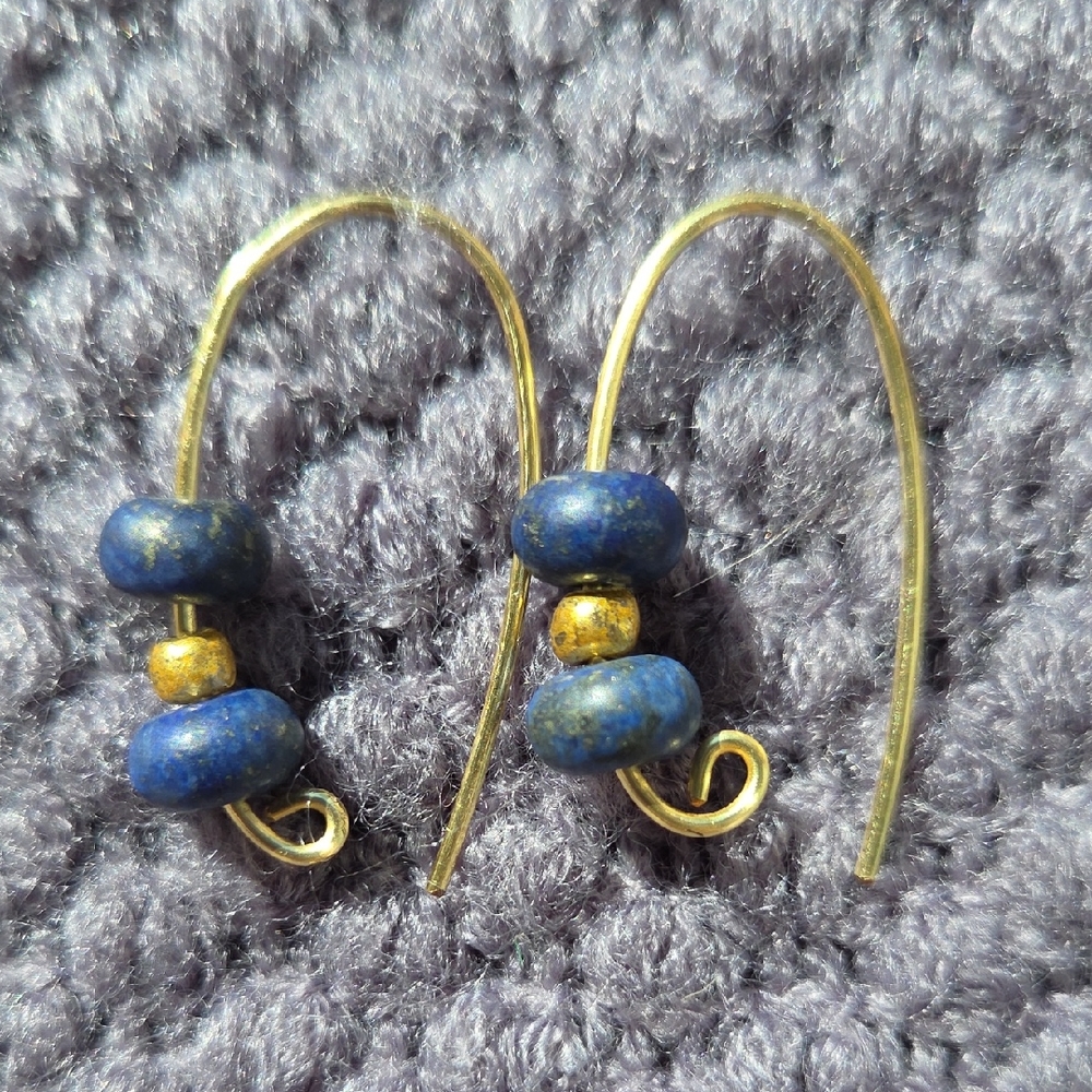 Elegant Gold Tone and Blue Wood Beaded Earrings